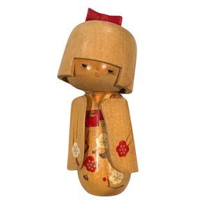 Vintage Japanese Kokeshi Doll Blond Woman with Red Bow - Purchased in Japan